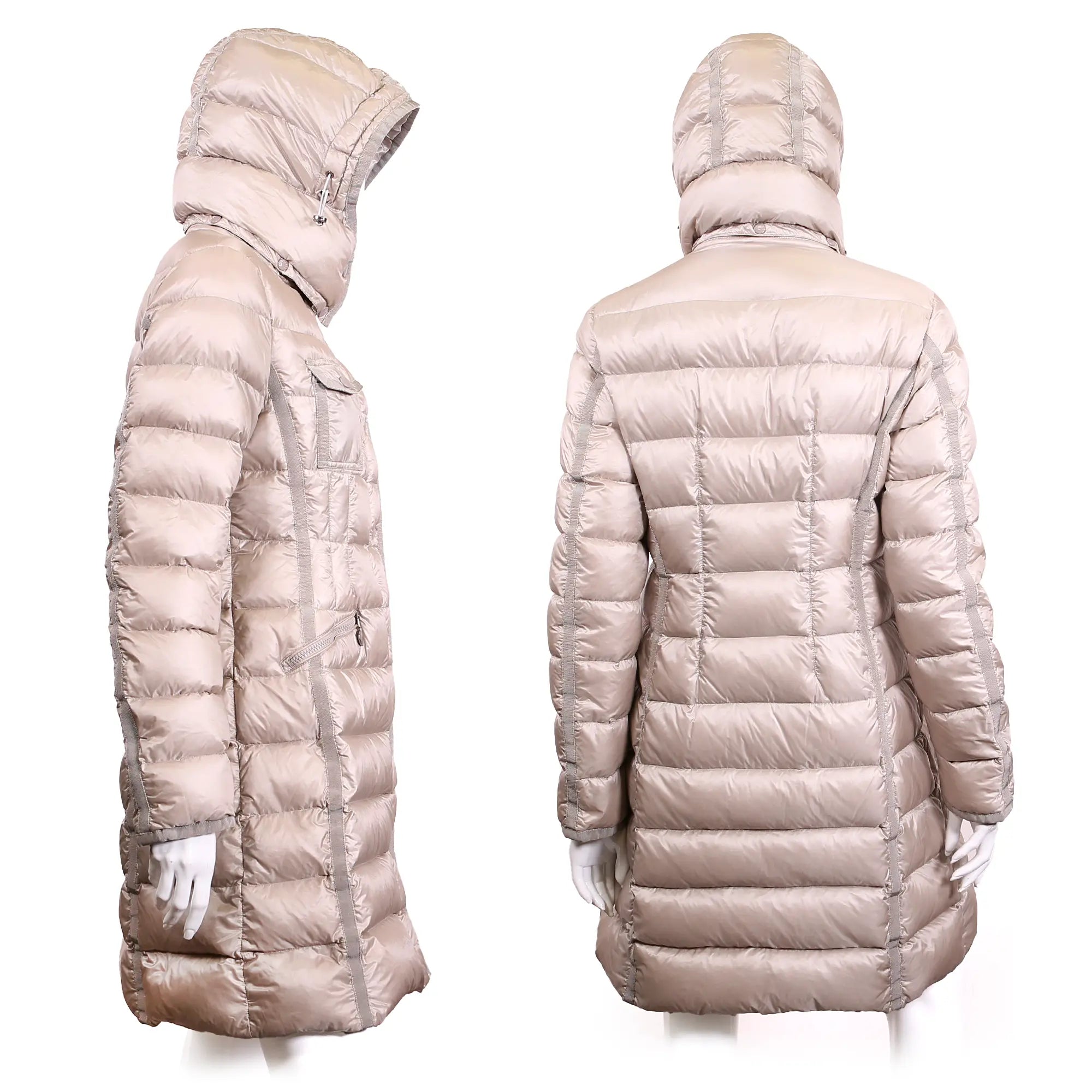 Piumino Moncler beige lungo Hirma con cappuccio
