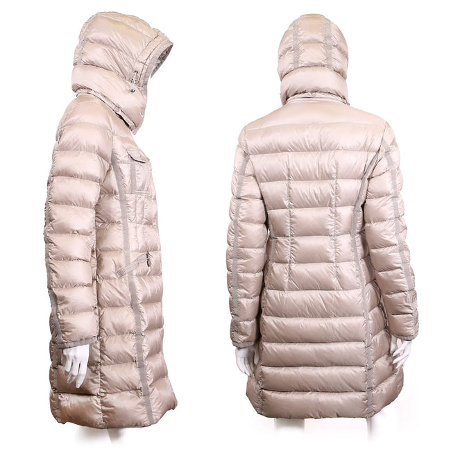 Piumino Moncler beige lungo Hirma con cappuccio