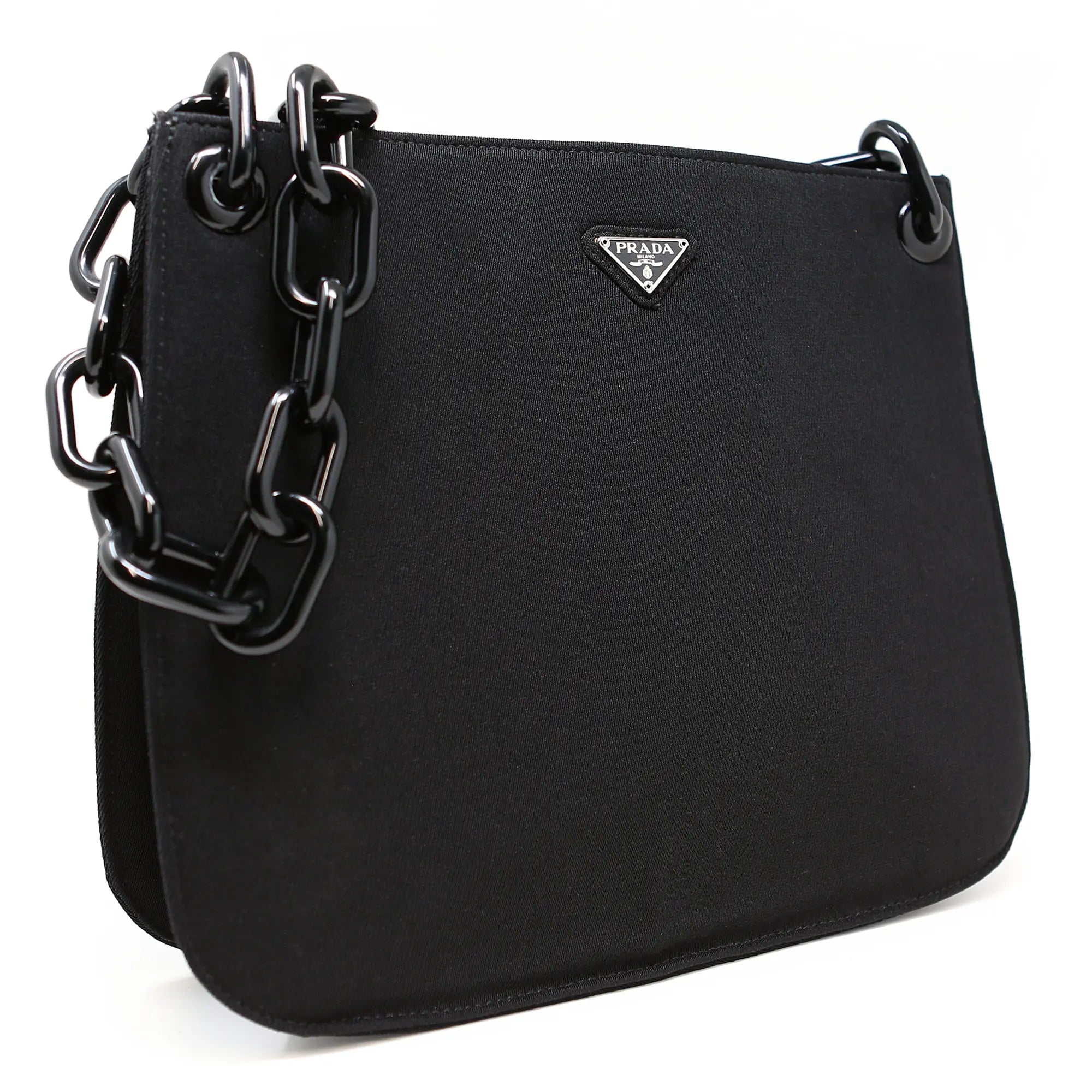 Borsa a spalla Prada nera tessuto rigido con catena