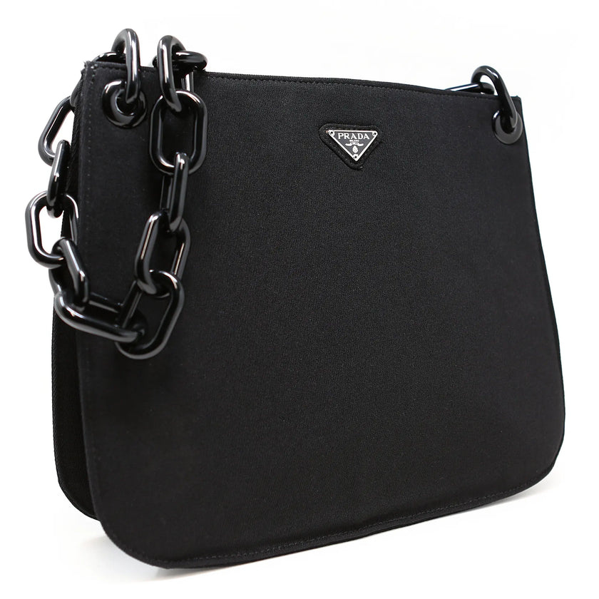 Borsa a spalla Prada nera tessuto rigido con catena
