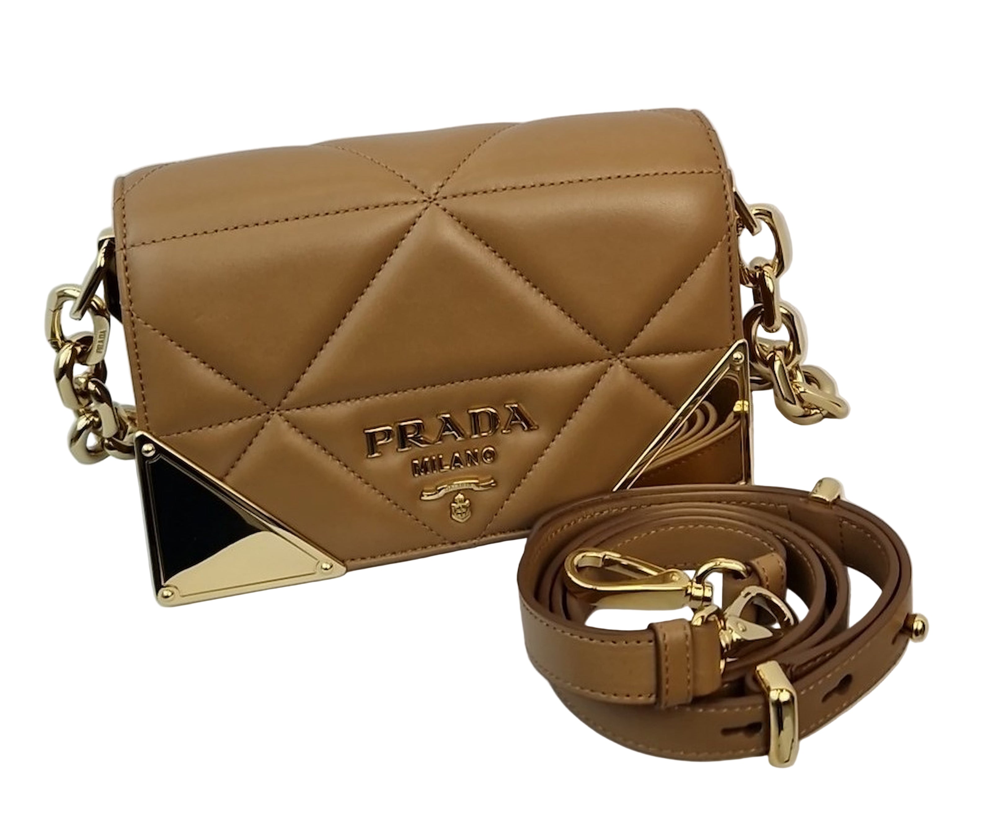 Borsa a mano Prada color beige e bordi oro