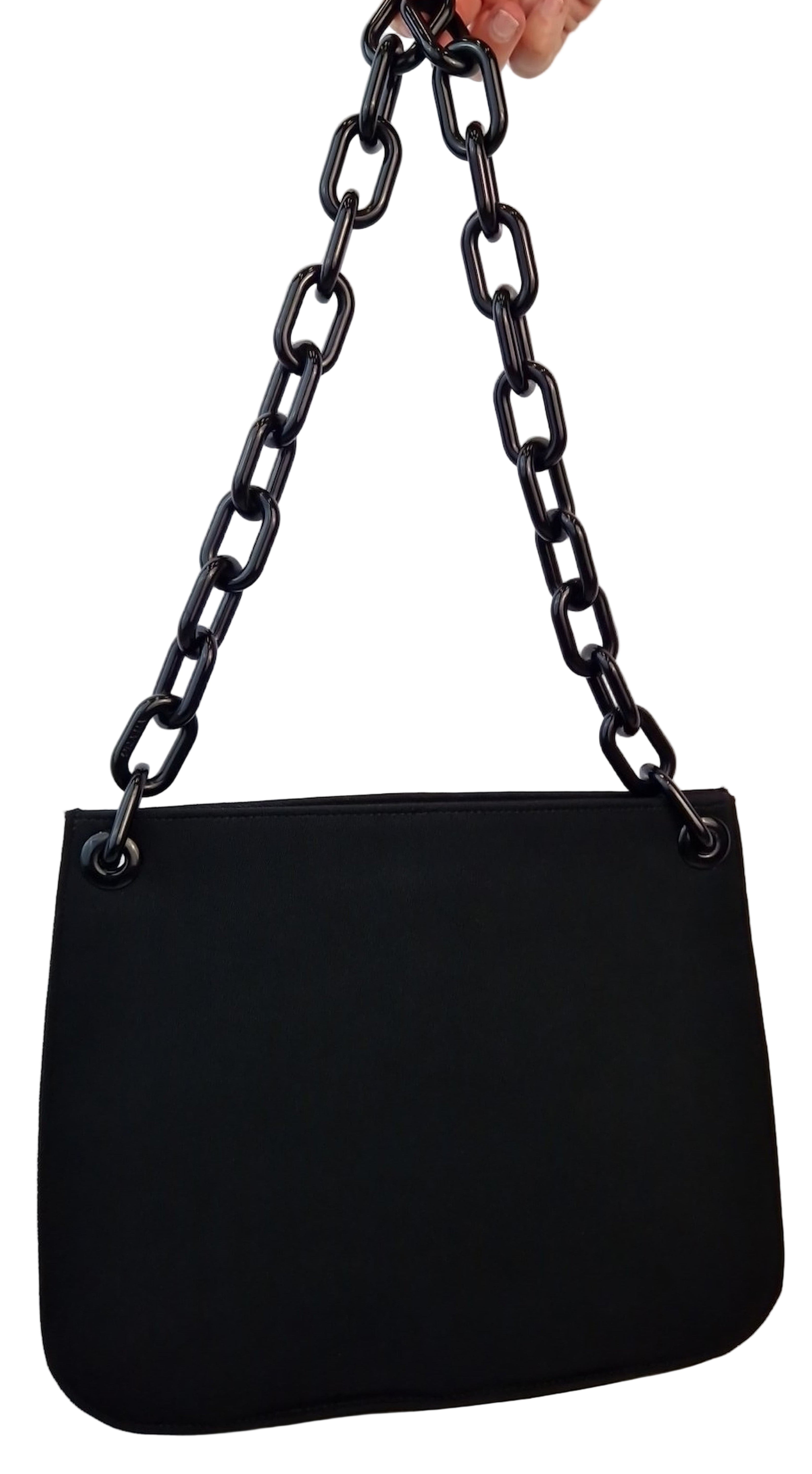 Borsa a spalla Prada nera tessuto rigido con catena