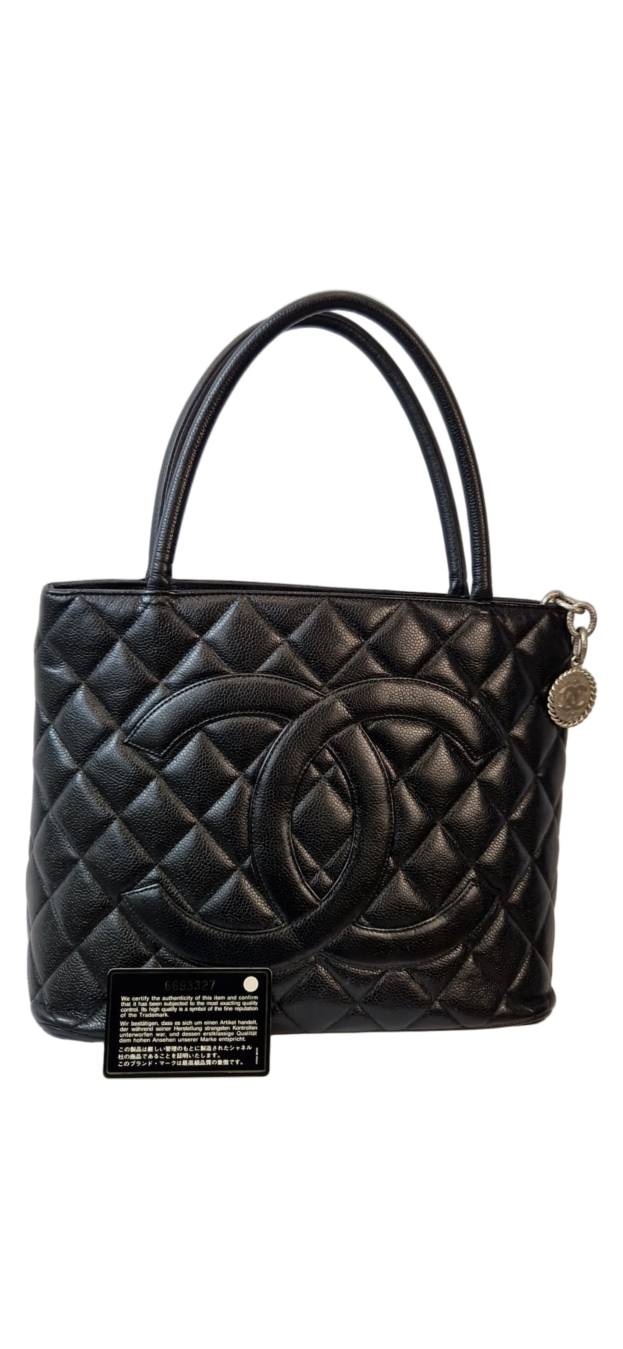 Borsa a mano Chanel Medaillon pelle Caviar nera martellata