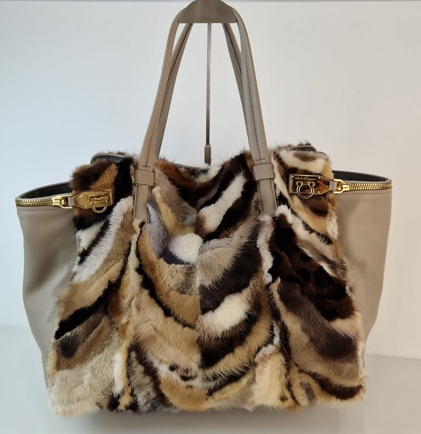 Salvatore Ferragamo Verve Fox Fur Leather Handbag