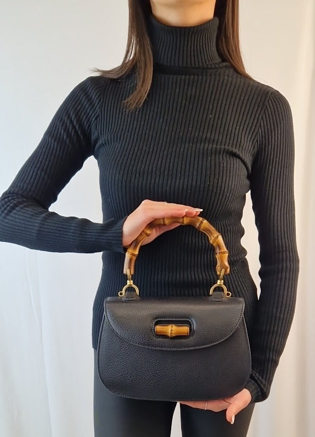Borsa a mano Gucci Bamboo 1947 nera pelle cinghiale