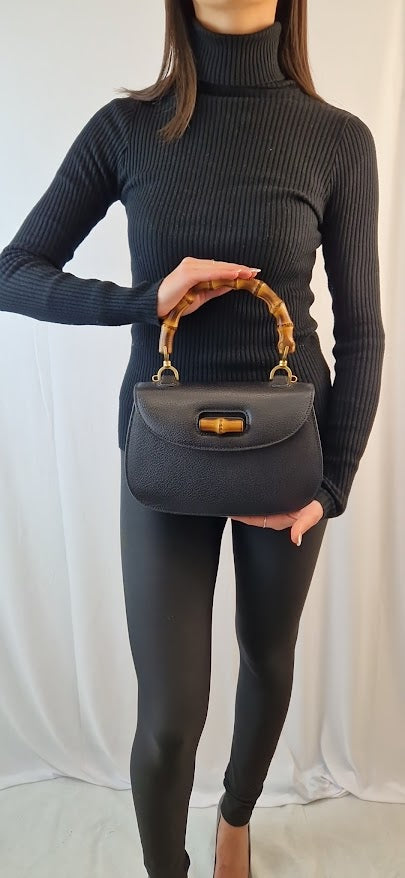 Gucci „Bamboo 1947“ kleine schwarze Lederhandtasche