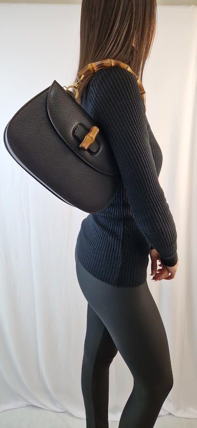 Borsa a mano Gucci Bamboo 1947 nera pelle cinghiale