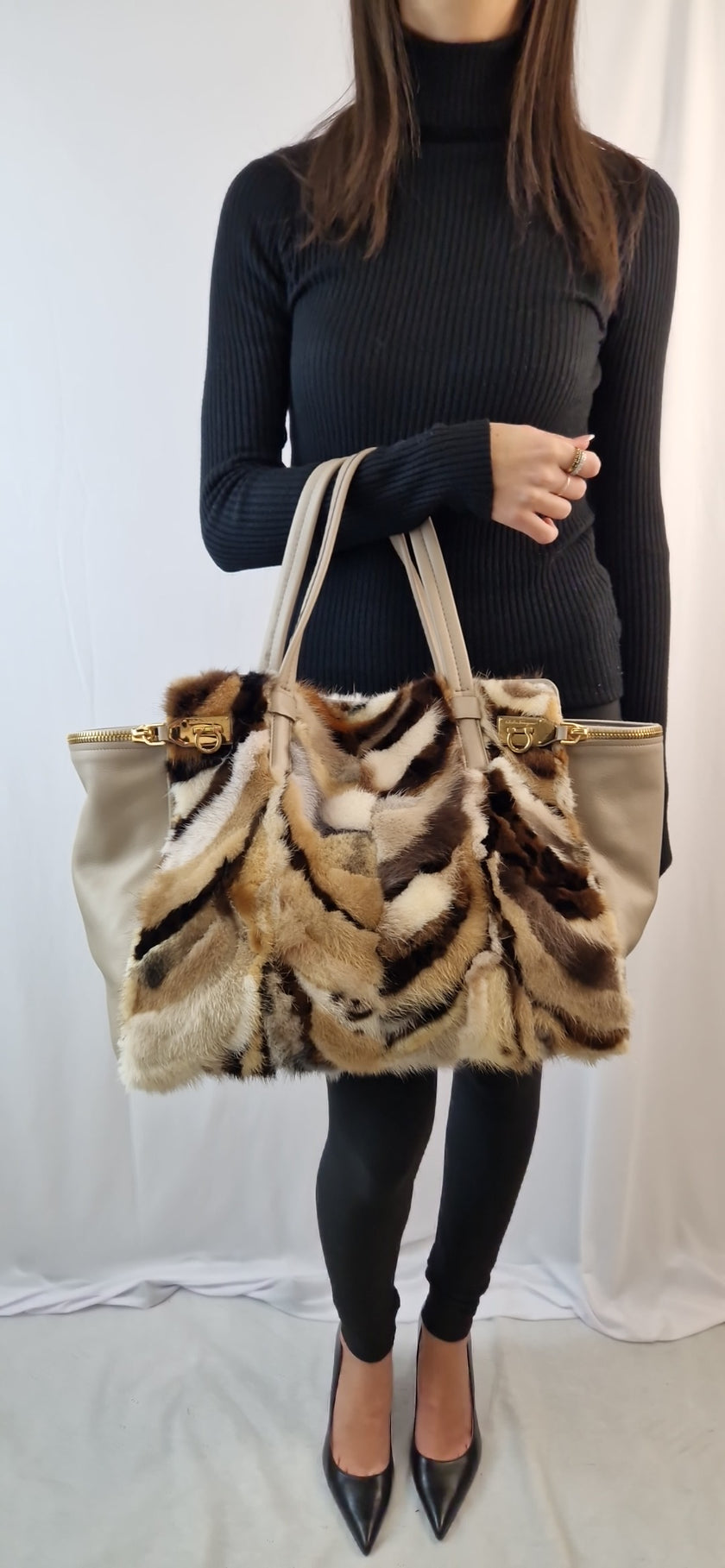 Salvatore Ferragamo Verve Fox Fur Leather Handbag