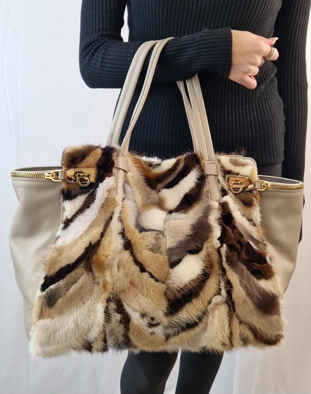 Salvatore Ferragamo Verve Fox Fur Leather Handbag