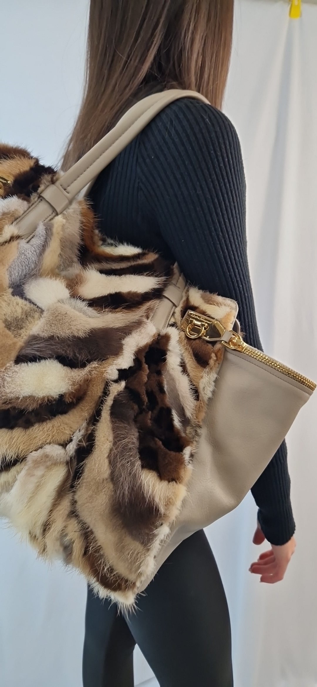 Salvatore Ferragamo Verve Fox Fur Leather Handbag