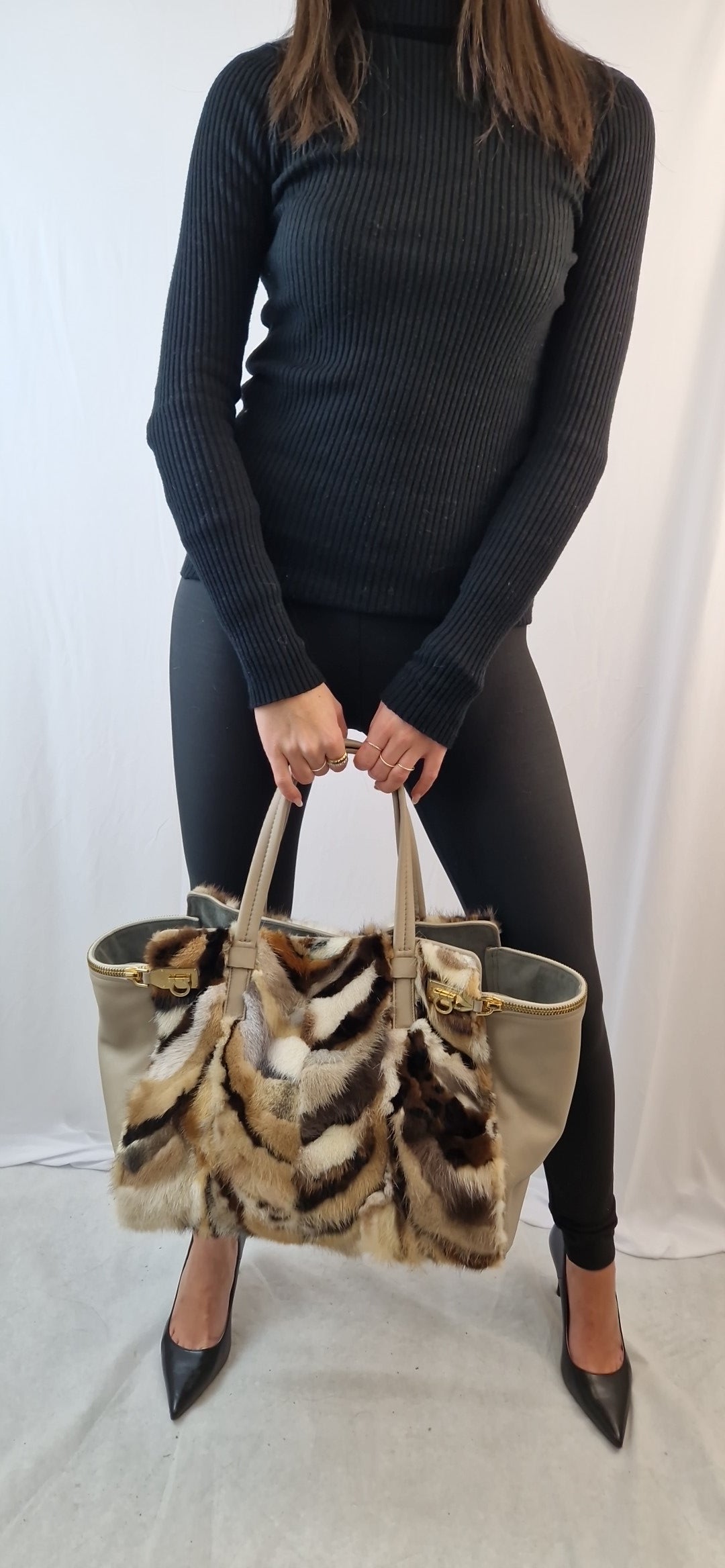 Salvatore Ferragamo Verve Fox Fur Leather Handbag