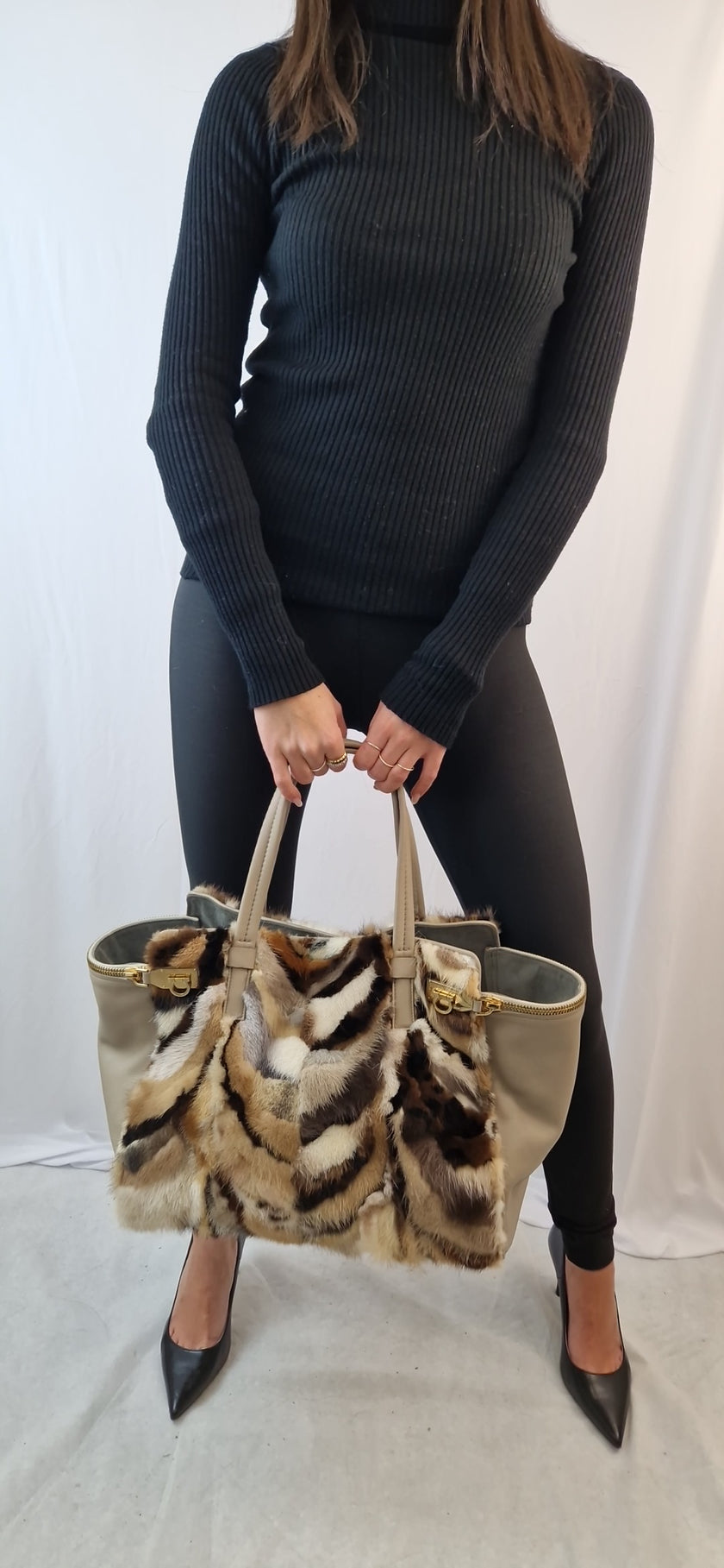 Salvatore Ferragamo Verve Fox Fur Leather Handbag