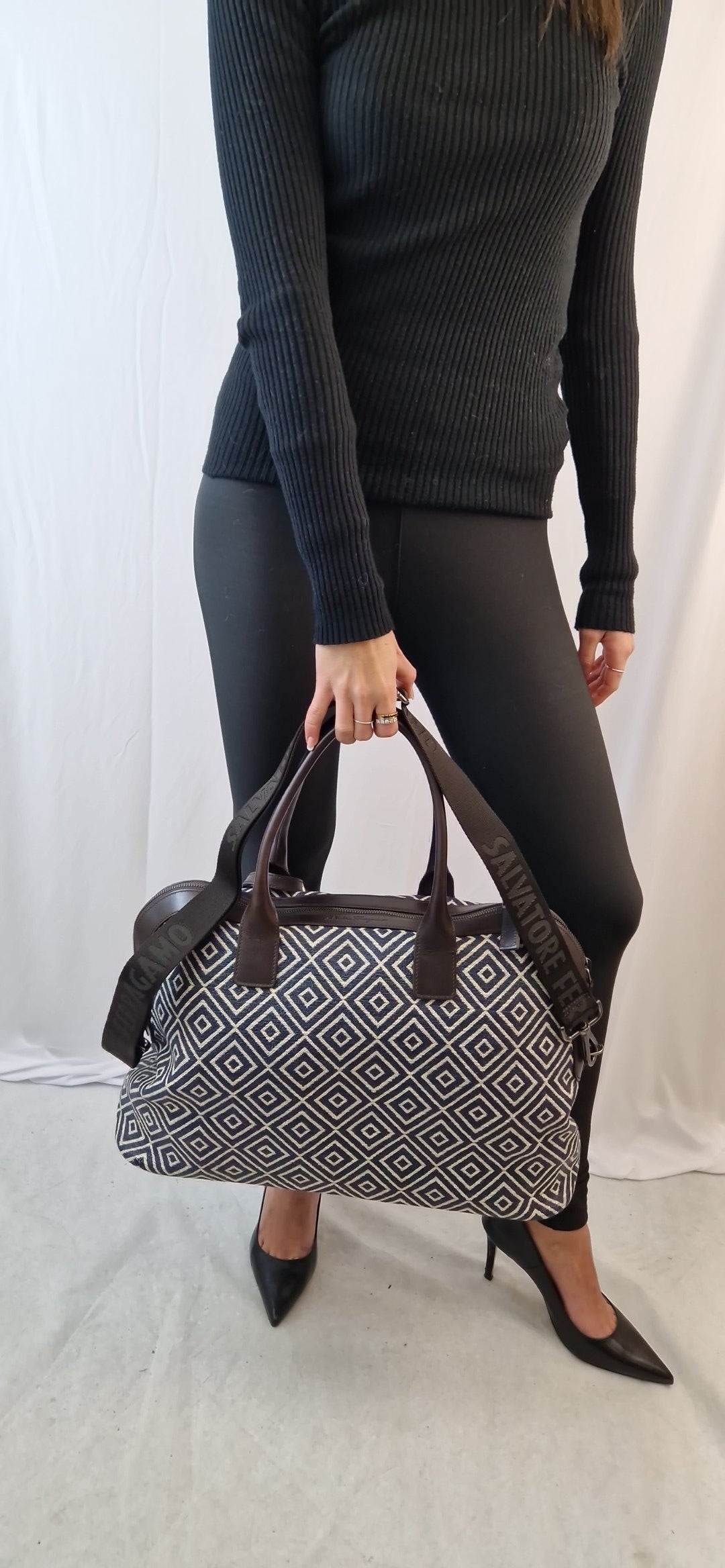 Salvatore Ferragamo handbag with blue and brown geometric pattern