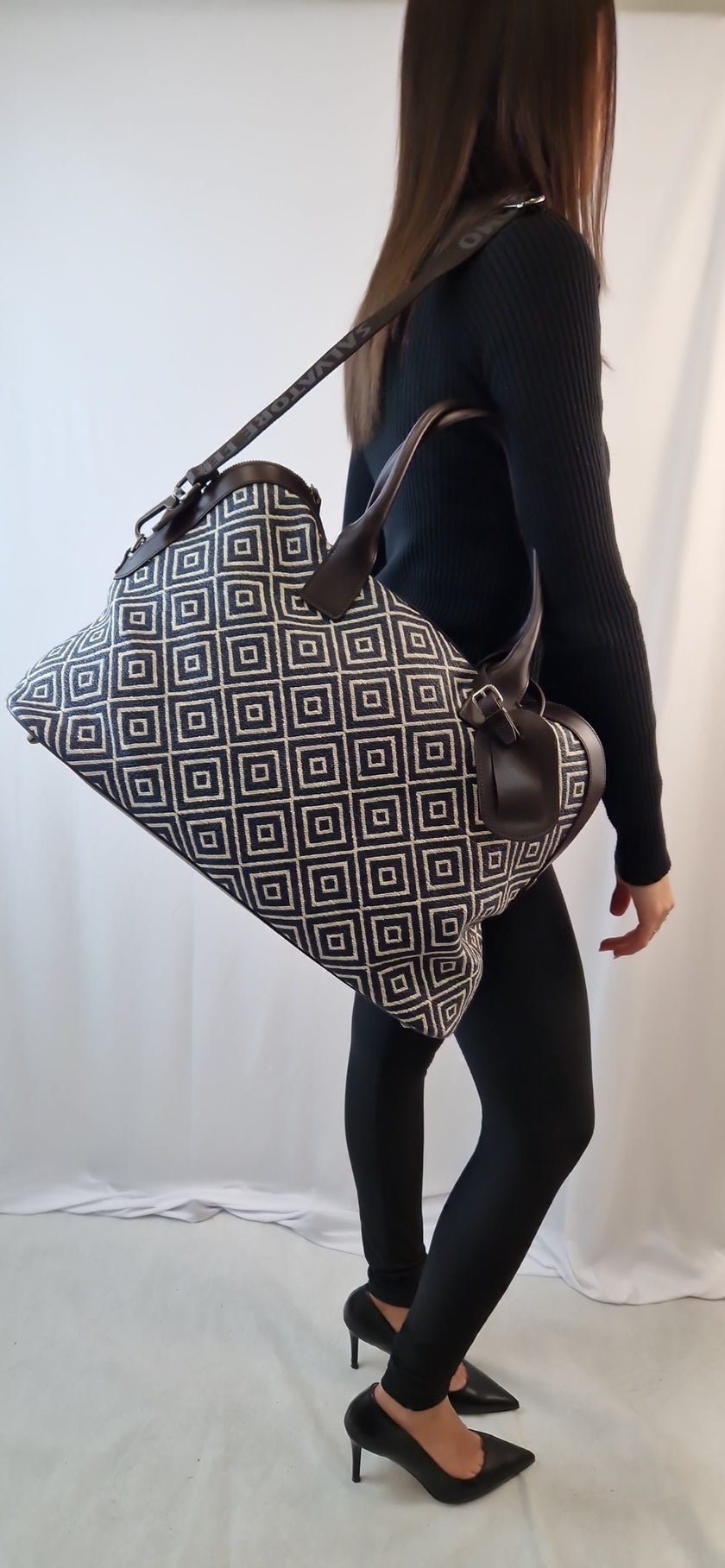 Salvatore Ferragamo handbag with blue and brown geometric pattern