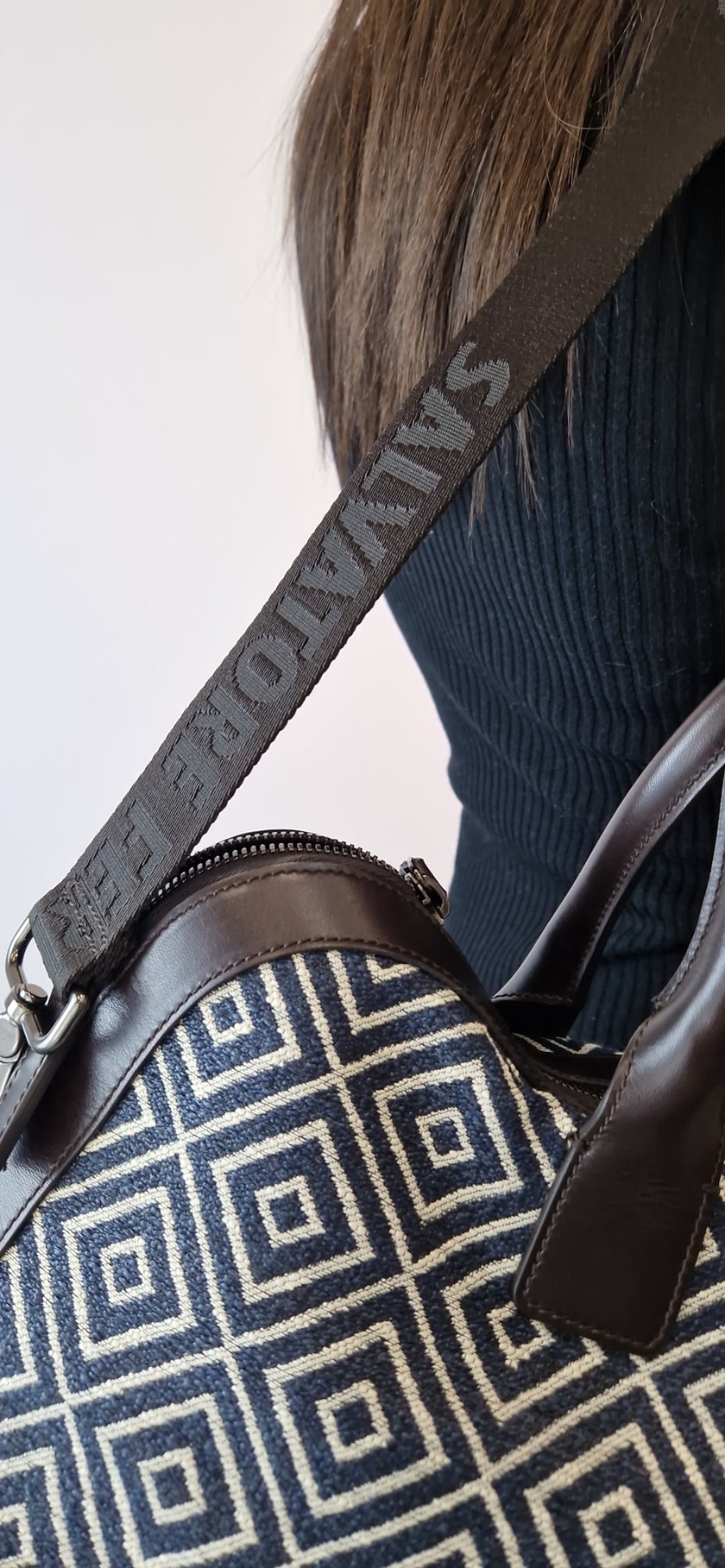 Salvatore Ferragamo handbag with blue and brown geometric pattern