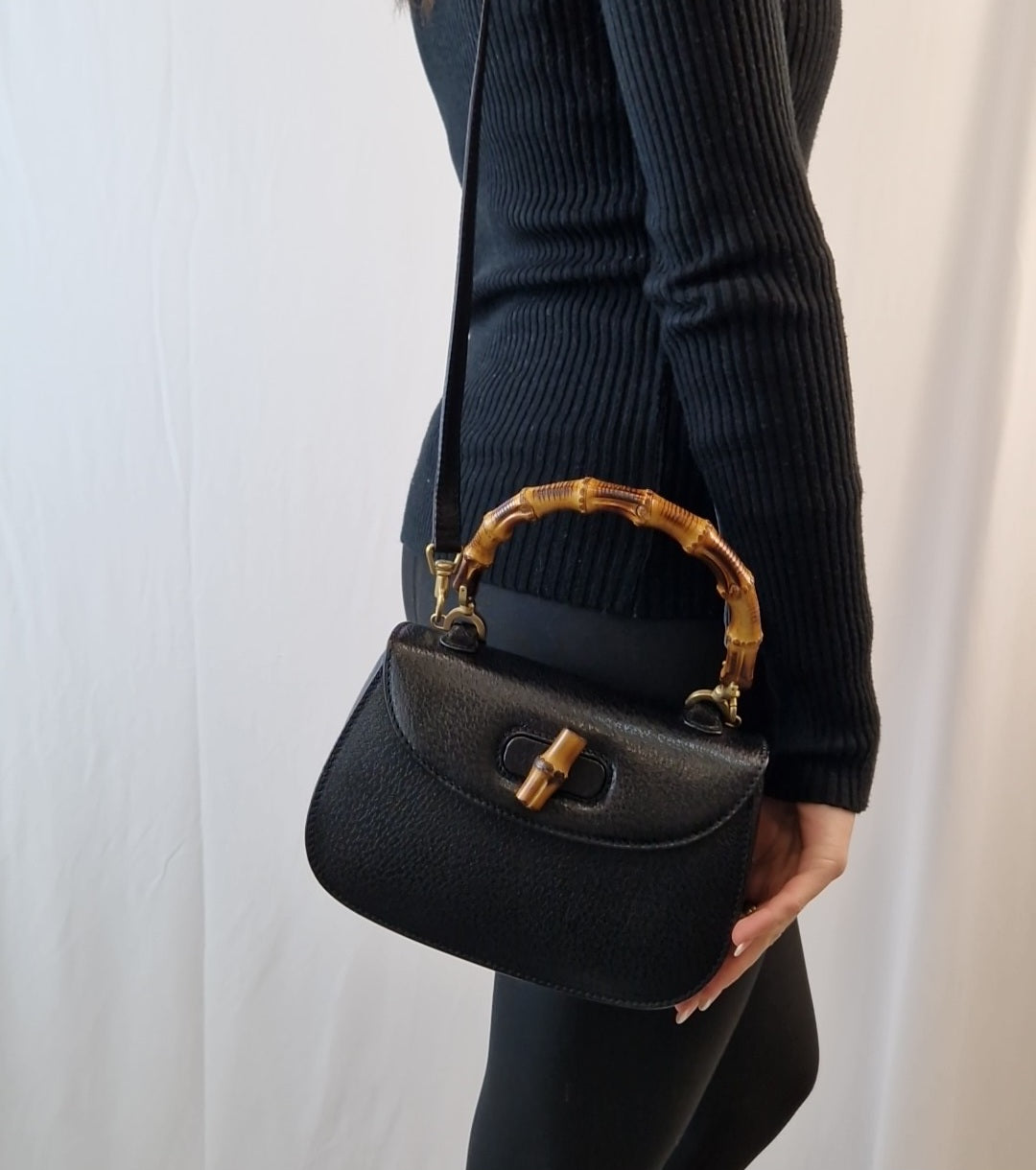 Gucci „Bamboo 1947“ kleine schwarze Lederhandtasche